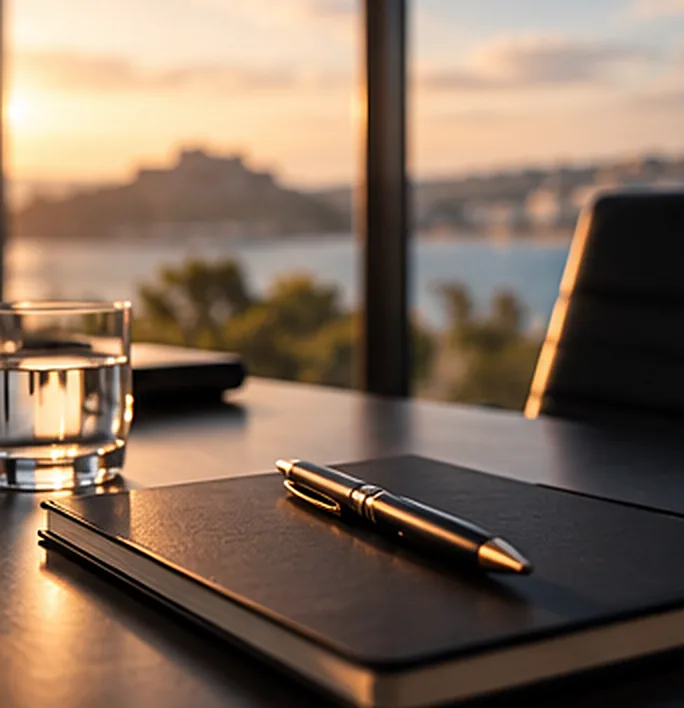 Notebook and pen on a boardroom table overlooking the sea